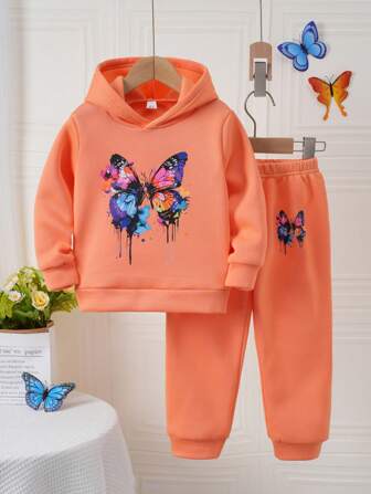 Young Girl Butterfly Print Hoodie & Pants Set