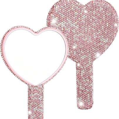 1个镶钻心形化妆镜，奢华闪亮水晶水钻手柄镜，适合旅行、居家或送礼，化妆，价格实惠，房间装饰，梳妆台，旅行，卧室，化妆配件，镜子，化妆镜，迷你镜，粉盒镜，小镜子，手持镜，价格实惠，圣诞礼物，化妆，化妆工具，便宜货，礼物，女士礼物，圣诞礼物，赠品，旅行，便宜货，旅行必备