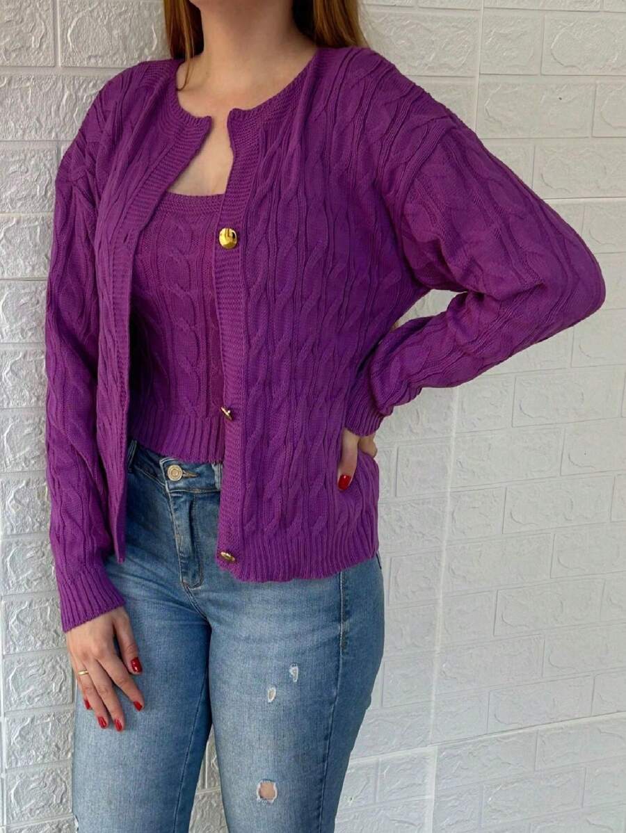 Winter Braided Coat And Tank Top - 3 Button Knit Twin Set - Knit Set - Purple - View 1
