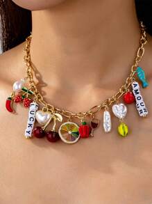 1 Pieza de Collar con Colgante de Fresa, Cereza, Chili, Corazón Relicario con Múltiples Encantos, Collar con Encantos Divertidos para Mujeres, Joyería para San Valentín, Mamá, Madre, Día de la Madre, Regalo