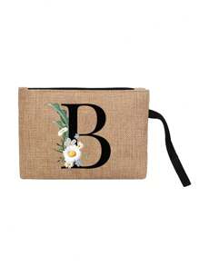 首字母雏菊字母 A-Z 印花亚麻拉链包、零钱包化妆包、手持零钱包、拉链口袋、数码包、口红包、手持绳零钱包、迷你收纳包、老师和女士生日礼物、旅行收纳包化妆包化妆收纳包化妆收纳袋化妆包 - 卡其色 - 查看 35