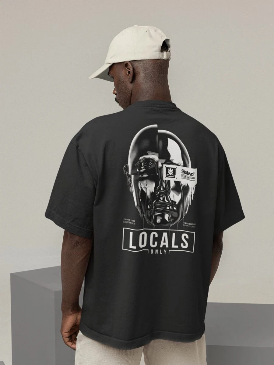 Oversized Turtleneck T-Shirt Streetwear Men And Women 100% Cotton Urban Style For Training And Everyday Black And Off Whte Printed - LOCALS ONLY - màu đen - Xem 1