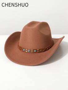 1 件女士纯色仿羊毛面料帽子，带仿绿松石铆钉装饰，编织皮革带，西部牛仔，爵士帽，巴拿马帽，温暖冬帽，适合音乐节、西部主题活动、复古派对、角色扮演、服装派对、生日庆典、舞台表演以及日常穿着 - 禮帽 - 查看 8