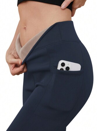 Women's Thermal Lined Leggings With Pockets Thermal Tights Winter Warm High Waisted Yoga Pants Thermal Winter Thick Velvet Stretchy Thermal Lined Leggings Pant Elastic High Waisted Tight Navy Blue Leggings
