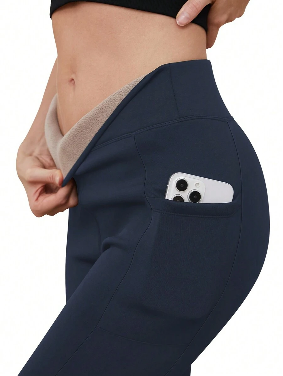 女士保暖口袋打底裤，高腰瑜伽裤，加厚天鹅绒弹力保暖打底裤，弹力高腰紧身裤，藏蓝色打底裤 - 藏蓝色 - 查看 1