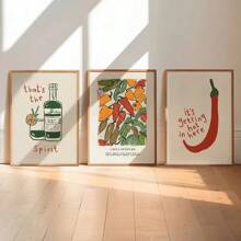 3PCS Wall Arts Posters Optional Frame Chili Pepper Prints And Posters Retro Spirit Wall Art Kitchen Pictures Vintage Aesthetic Dining Room Decoration Canvas Painting Canvas Botanical, Wall Art With Frame