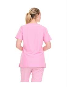 Women's V-Neck Scrub Top – 4-Way Stretch - Soft Stretch Uniform Shirt With 2 Pockets, Classic Fit Nurse Workwear - MÀU HỒNG NHẠT - Xem 3