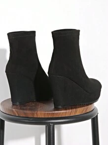 Women's 2024 Fall/Winter New Increased High Heel Thick Platform Casual Short Boots With Woven Straw Rope Soles, Fashionable, Versatile, European And American Style, Comfortable And Retro Elastic Short Boots - Black - View 6
