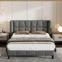 okwish Lit capitonné 140 x 200, 180 x 200, 160 x 200 cm avec sommier à lattes, lit double, lit jeunesse avec grande tête de lit, lit double classique, velours (sans matelas), gris