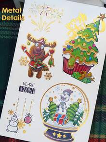 8 张金属金色圣诞节临时纹身贴纸，卡通防水雪人雪花驯鹿圣诞树铃铛圣诞老人礼物寄生槲寄生图案，持续 2-5 天，遮盖疤痕，可用于手臂手腕肩膀腿腰颈手胸部大腿手指，圣诞派对装饰、化妆、礼物、生日派对礼物 - 彩色 - 查看 10