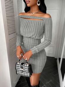 Amarilo New Spring/Summer ProductsWomen's Sexy Off Should Front Hollow Bodycon Textured Fabric Mini Dress