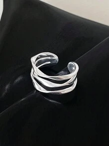 S925 Sterling Silver Asymmetrical Multi-Layer Wave Design Fashion Elegant Open Ring For Women - White - View 2