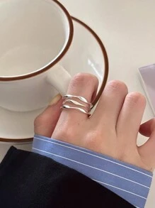 S925 Sterling Silver Asymmetrical Multi-Layer Wave Design Fashion Elegant Open Ring For Women - White - View 4