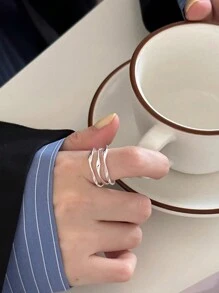 S925 Sterling Silver Asymmetrical Multi-Layer Wave Design Fashion Elegant Open Ring For Women - White - View 5