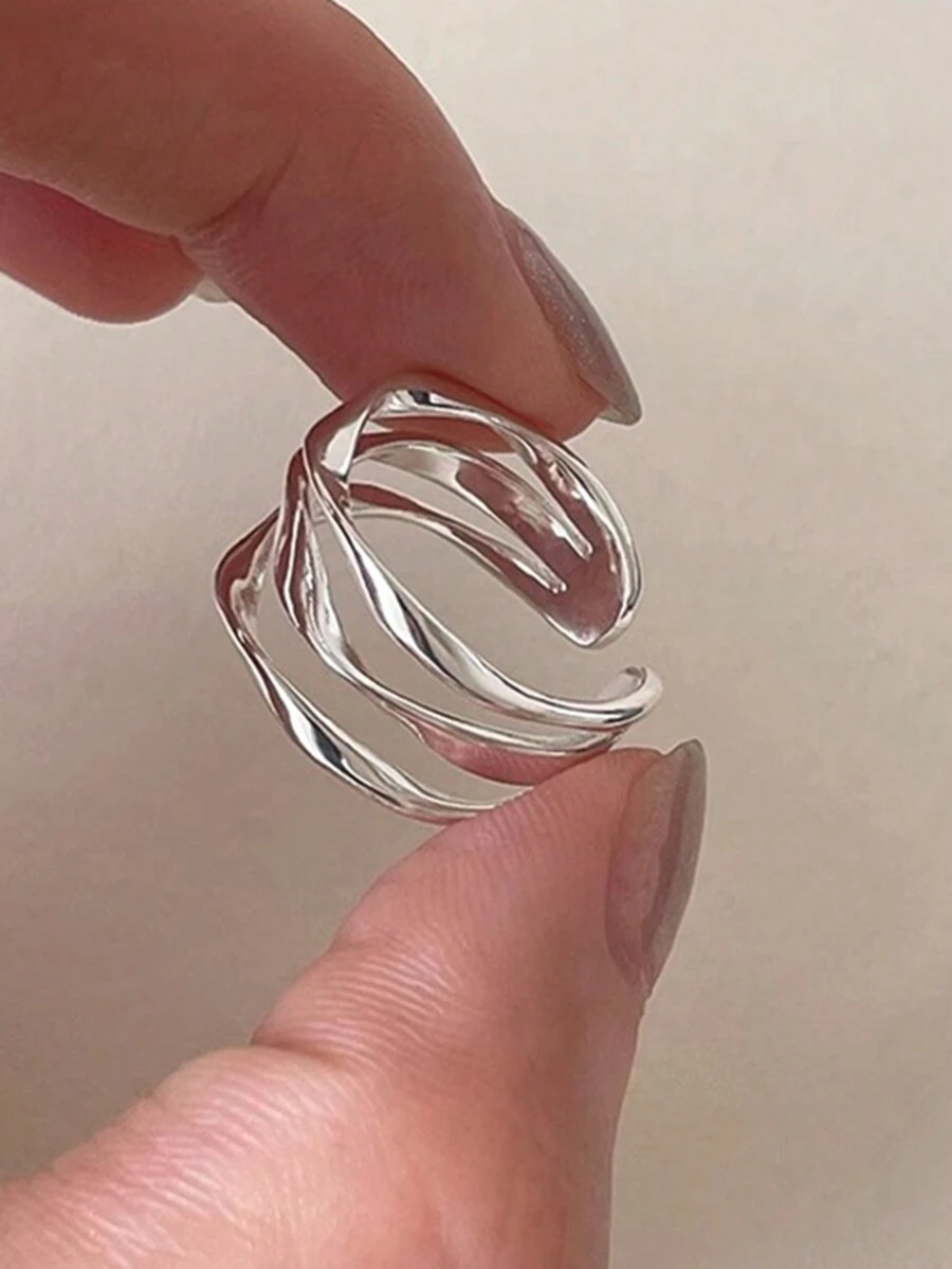S925 Sterling Silver Asymmetrical Multi-Layer Wave Design Fashion Elegant Open Ring For Women - White - View 1