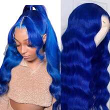 Body Wave Navy Blue 13x4 Synthetic Lace Front Wig Color Blue HD Transparent Lace Front Wig For Women Pre Plucked - 藍色 - 查看 1