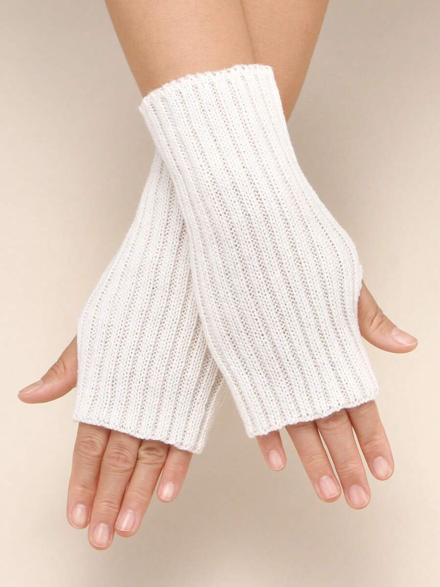 1 Pair Women's Minimalist Straight Bar 8inch Knitted Fingerless Gloves, Warm For Everyday Use Summer - White - View 1