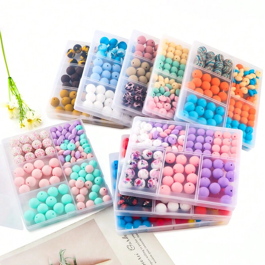 100PCS/盒硅胶珠（15mm印花圆珠、纯色圆珠、12mm扁豆珠组合等），适用于DIY手工制作、珠笔钥匙扣吊坠等 - 彩色 - 查看 1