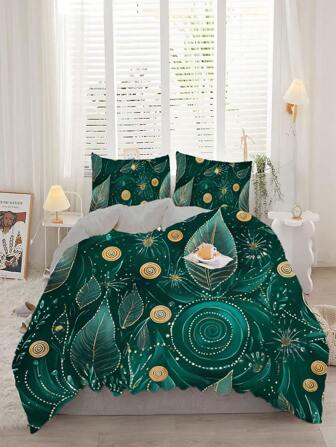 3pcs Fresh Duvet Cover Set, Green Leaf Print Polyester Brushed Bedding Set, Soft Comfortable Duvet Cover, For Bedroom, Guest Room (1*Duvet Cover + 2*Pillowcase, Without Core)