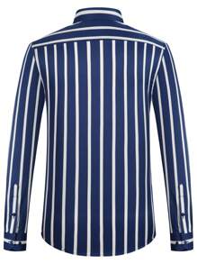 Men's Striped Button-Down Collar Design Iron-Free Dress Shirts, Long Sleeve Stretchy Casual Button Up Shirt For All-Seasons - 藏蓝色 - 查看 2