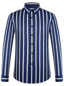Men's Striped Button-Down Collar Design Iron-Free Dress Shirts, Long Sleeve Stretchy Casual Button Up Shirt For All-Seasons - 藏蓝色 - 查看 1