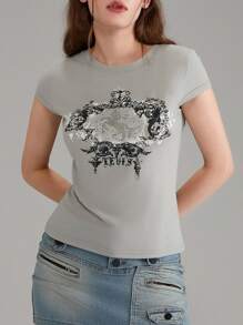 Women Y2K Short Sleeve Shirt Vintage Printing Round Neck Slim Fit Babydoll Tops Summer Casual T-Shirts Streetwear Gothic Aesthetic Clothes