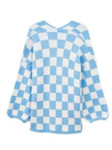 格子印花长袖开衫，女式拼色格子印花长袖针织开衫 - 藍白色 - 查看 2