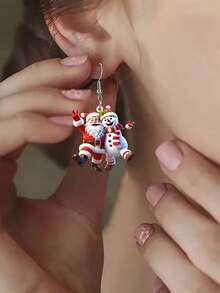 1 对卡通圣诞老人和雪人耳环，适合日常佩戴、派对装饰以及作为圣诞节和感恩节送给朋友和家人的礼物 - 彩色 - 查看 2