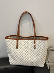 1pc White PU Zipper Pattern Print Rivet Inlaid Minimalist Practical Large Capacity Shoulder Tote Bag, Suitable For Women Daily Use - White - View 5