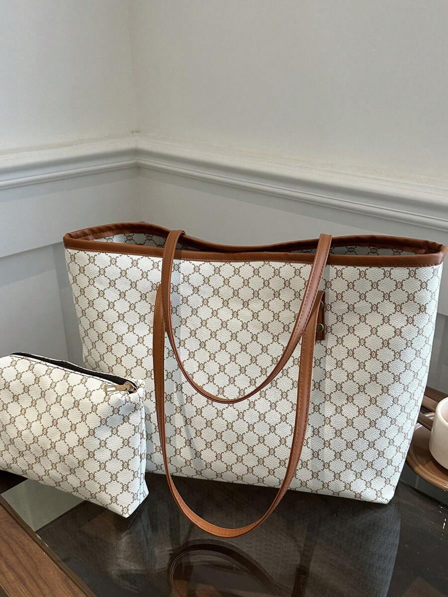 1pc White PU Zipper Pattern Print Rivet Inlaid Minimalist Practical Large Capacity Shoulder Tote Bag, Suitable For Women Daily Use - White - View 1