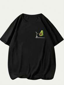 Cute Avocado Running Print T-Shirt Unisex Short Sleeve Streetwear Comfort Casual Basic Cotton - màu đen - Xem 2