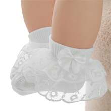 Baby Girls Ruffle Lace Socks, Super Soft Infant Ankle Socks Princess Dress Socks With Bow - White - View 2