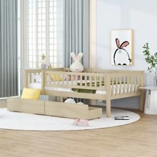 Twin Size Daybed Wood Bed With Two Drawers, Natural - Natural + Solid Wood + Twin as pic - View 1