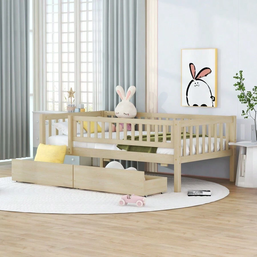Twin Size Daybed Wood Bed With Two Drawers, Natural - Natural + Solid Wood + Twin as pic - View 1