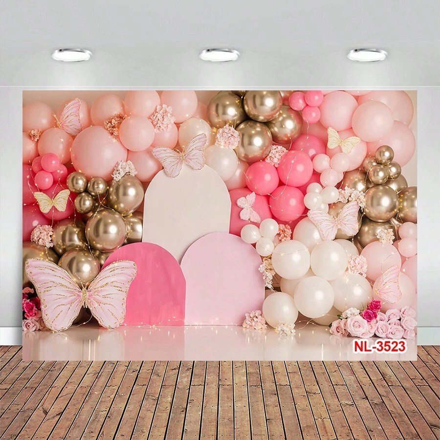Bóng bay màu hồng tím Hoa Vườn Chụp ảnh Nền Vàng Lấp lánh Bướm Bóng bay Ngôi sao Tường Studio Ảnh Sinh nhật Đám cưới Phông nền Trang trí Photozone - Nhiều màu - Xem 1