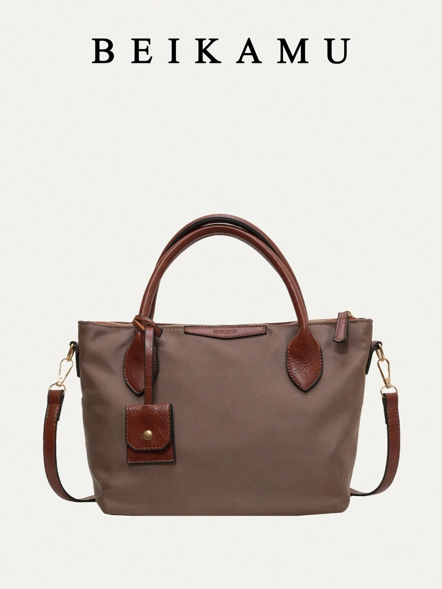 1 件纯色拼布简约手提包，休闲日常手提包 - 摩卡棕 - 查看 1