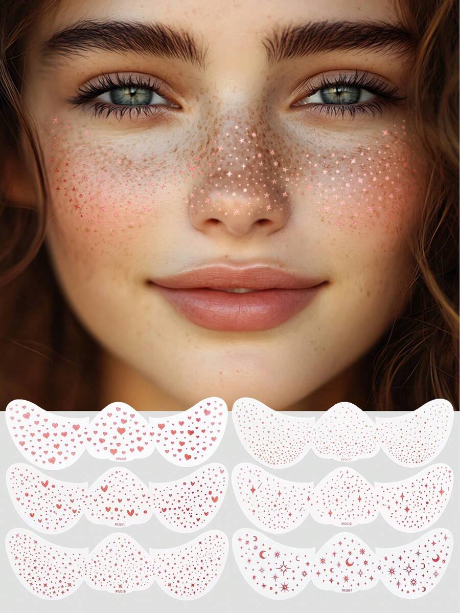6 张金色闪光临时纹身 - 防水假雀斑面部化妆贴，面部纹身贴纸，易于粘贴和去除，持久的女性身体艺术