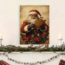 1 pieza Póster artístico vintage de lienzo con impresión | Enmarcado en lienzo - Santa Claus leyendo arte navideño, perfecto para la decoración rústica del hogar, decoración de invierno, decoración de habitación, decoración de pared, regalo de Navidad perfecto