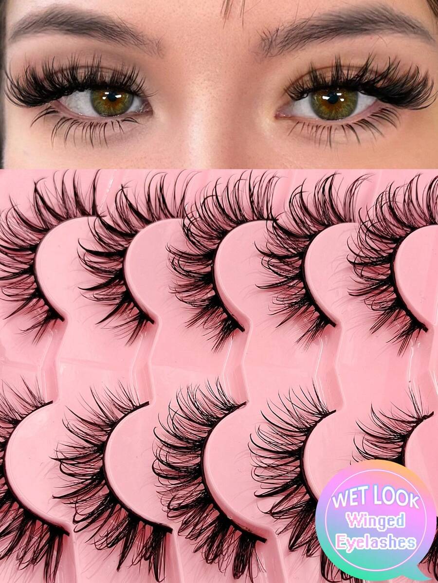 Asiteo 5对装新款保湿妆效假睫毛，曼陀罗风格，纤细自然纤长仿貂毛假睫毛，整条式，外眼角加长，假睫毛