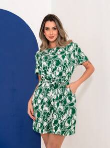 Short Printed Dress With Tie Belt - Verde - Ver 2