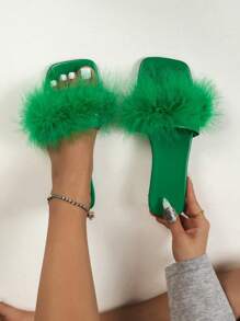 Women's New Square Toe Flat Sandals, Fashionable Party Slip On Sandals Black, Sexy To Wear With Skirt, Spring/Summer - Green - View 5