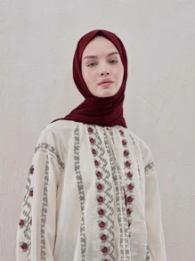 1 chiếc khăn voan màu trơn cho nữ, phụ kiện Abaya, băng đô thường ngày để sử dụng hàng ngày - Màu Đỏ Sâu - Xem 2