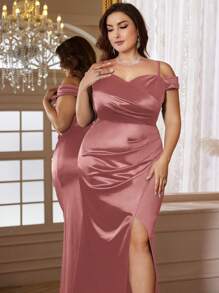 Plus Off Shoulder Spaghetti Straps Wrap Ruched Split Hem Satin Formal Evening Party Dress, Graduation Dress, Elegant Formal Prom Wedding Guest Gown, For Dinner, Homecoming - Dusty Pink - View 7