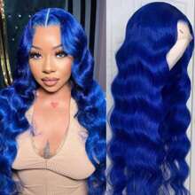 Body Wave Navy Blue 13x4 Synthetic Lace Front Wig Color Blue HD Transparent Lace Front Wig For Women Pre Plucked - 藍色 - 查看 5