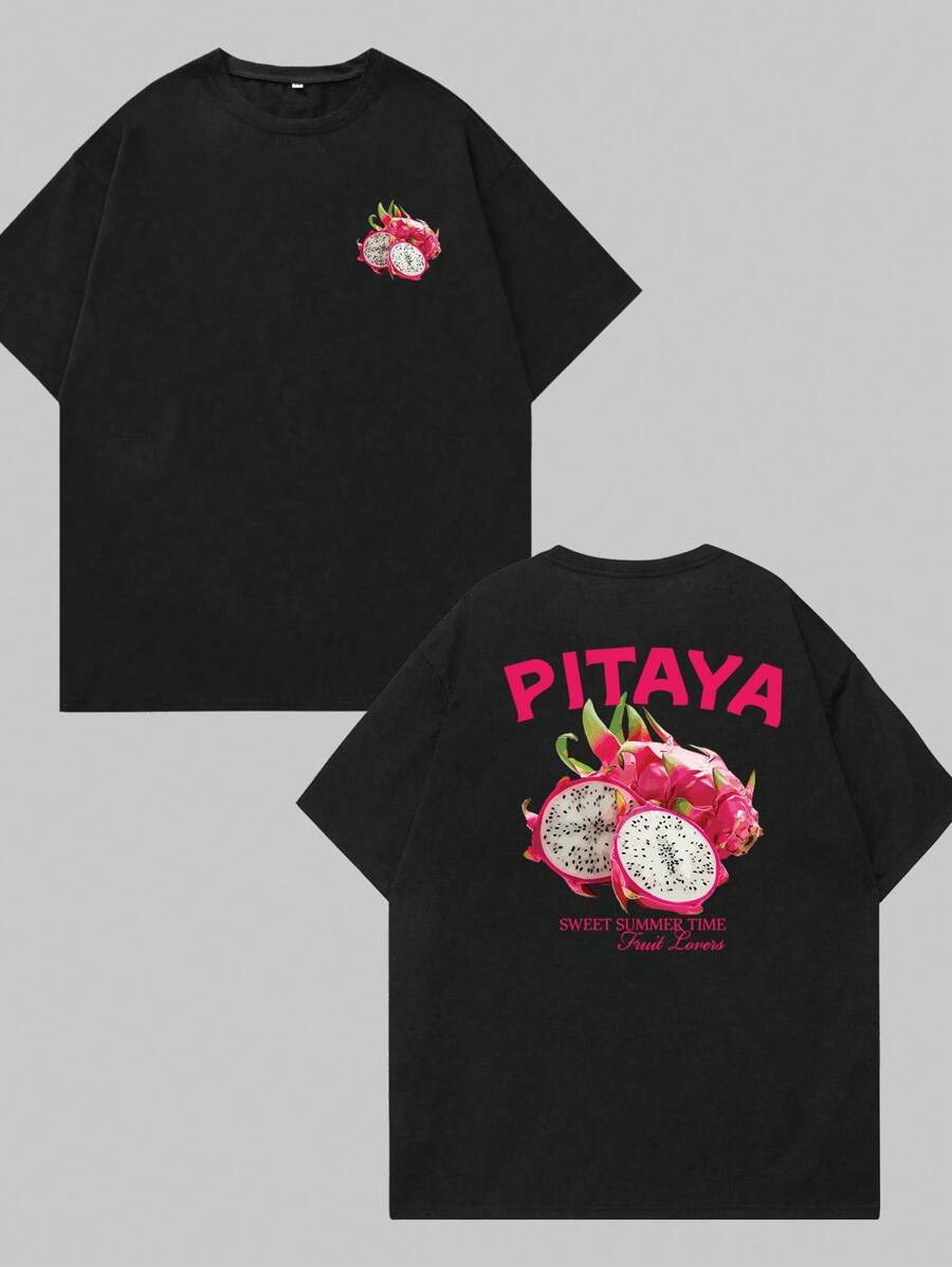 Pitaya Sweet Summer Time Printed T-Shirt Men's Fashion Unisex Comfort Casual Premium Printed Blouse - 黑色 - 查看 1