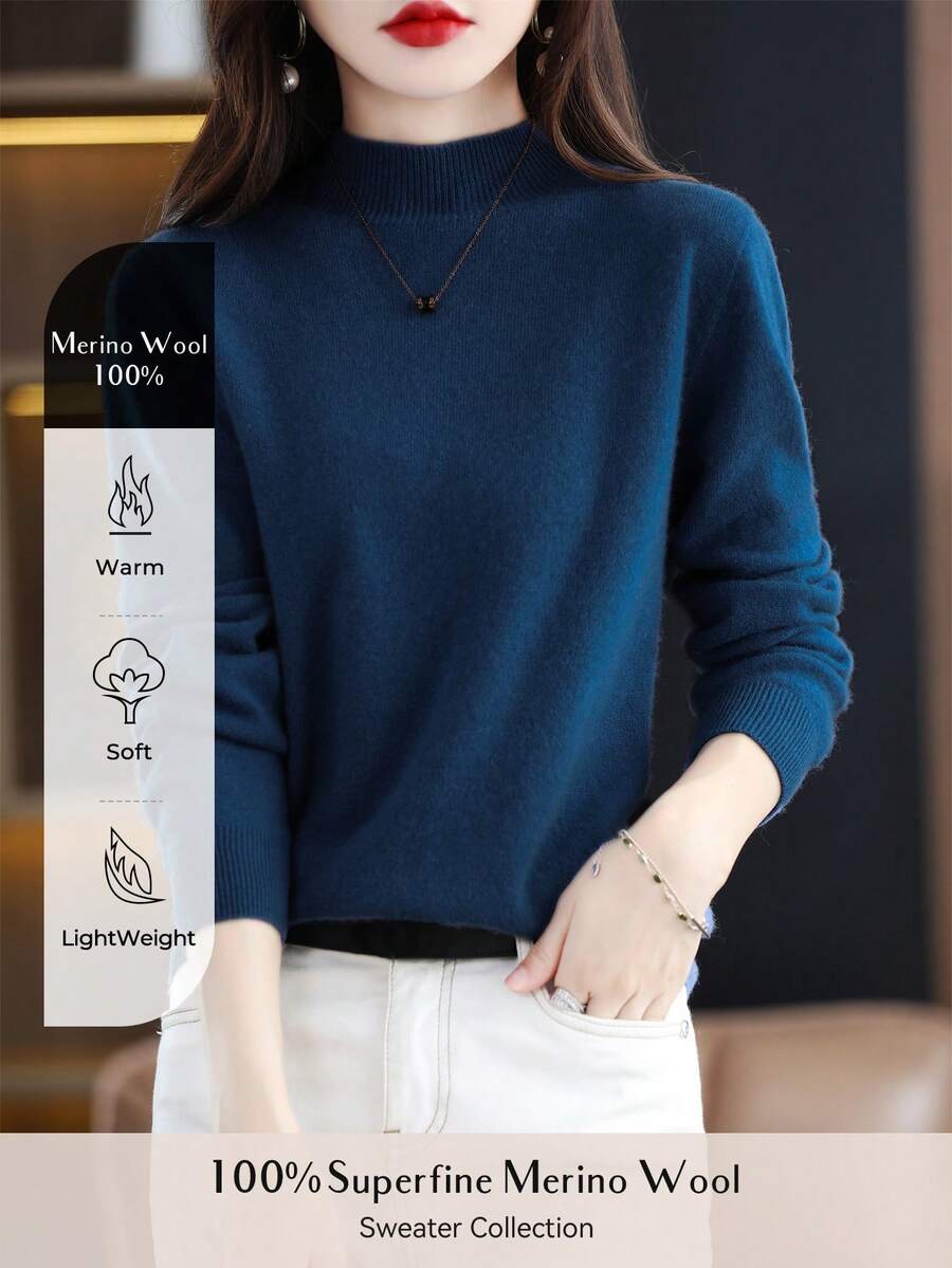 100% Merino Wool Women's Sweater Soft Warm Mock Neck Pullover Fall Winter Sweater One-Line Seamless Sweater