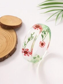 1 Pc Fashionable & Fresh Dried Flower Wide Resin Bracelet, Elegant Summer Holiday Style For Women