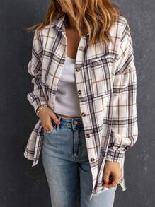 Astylish Women's Oversized Shacket Plaid Print Long Sleeve Button Down Shirt Jacket With Pockets Cozy Fall Spring Tops