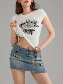 Women Short Sleeve Graphic Tees Y2K Vintage Aesthetic Gothic Tops Emo Teen Girls 2000s Streetwear Crew Neck Slim Fitted Shirts Going Out Outfits 1 Pcs 140g Rams 95% Polyester 5% Cotton Top - 白色 - 查看 5