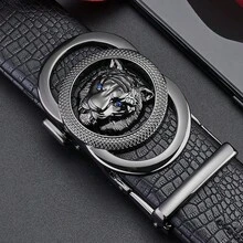 Thắt lưng nam da thật khóa tự động họa tiết cá sấu, dây thắt lưng trang trí hình sư tử cho trang phục thường ngày - khóa vàng - Xem 6